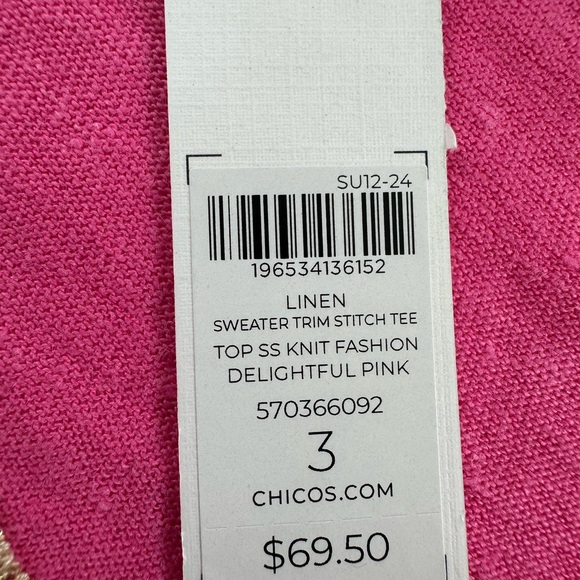 NWT Chicos Linen Sweater Trim Stitch Tee Short  Delightful Pink V Neck Size XL - Picture 3 of 7